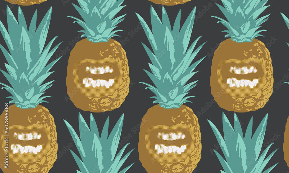 Poster abstract seamless pattern consisting of smiling pineapples. decorative vector background with ripe g