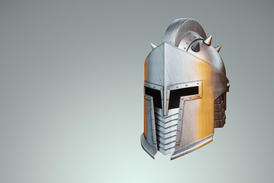 Medieval knight helmet isolated on white background, military armor of the past. 3D render, 3D illustration.