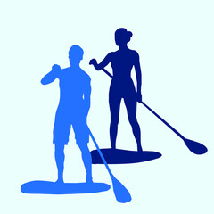 Set of vector emblems with SUP boards, boarder silhouettes and equipment