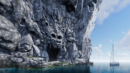 The traveler got into a creepy dragon cave lost in the ocean. 3D illustration.