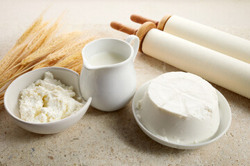 Kosher dairy product for celebration Jewish Holiday Shavuot. Shavuot flat lay.