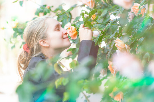 Portrait de profil d'une jeune femme qui s'approche d'une rose pour la sentir
