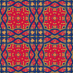 Indian boho summer bandana seamless symmetrical pattern. Versatile masculine red blue scarf print in kaleidoscopic floral ornamental style.