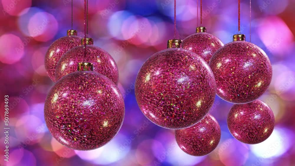 Poster realistic looping 3d animation of the hanging spinning red metallic glittering christmas balls again