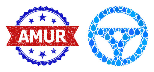 Vector mosaic steering wheel, and bicolor dirty Amur seal stamp. Steering wheel collage for clean beverage advertisement. Steering wheel is designed from blue drinking aqua raindrops.