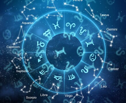 The twelve signs of the zodiac are randomly placed against the background of the cosmos, the universe. Astrology, Esotericism, secrets of the universe.