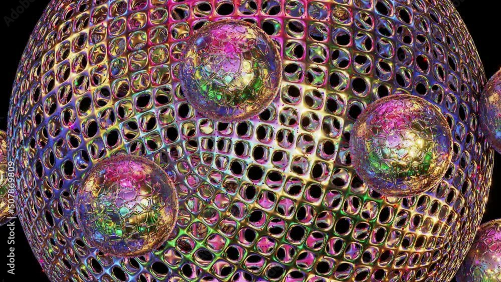 Poster realistic satisfying looping 3d animation of the colorful metallic christmas wireframe sphere with o