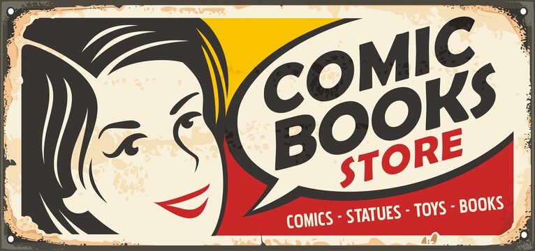Comic books store retro sign design. Comic style girl portrait drawing with bubble speech shape. Vector vintage illustration.