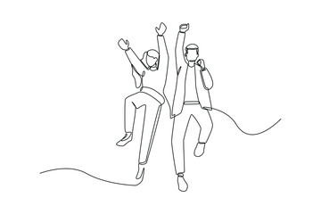 One single line drawing. Cheerful funny positive girl and boy  raising hands up. concept continuous line draw design vector.
