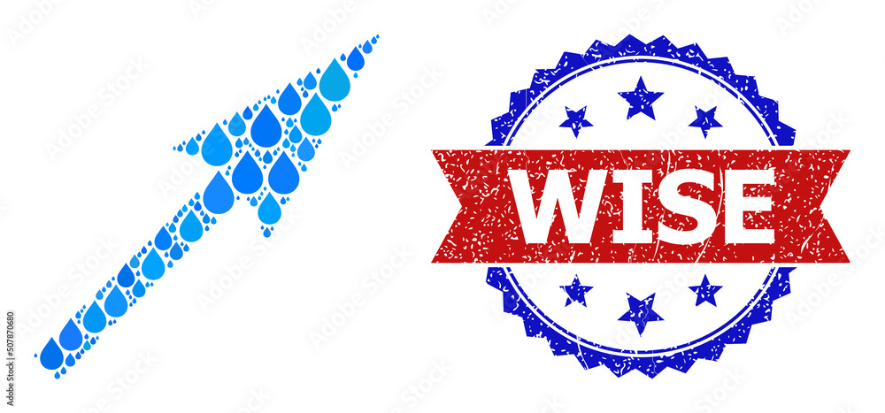 Poster vector mosaic sharp arrow, and bicolor scratched wise seal stamp. sharp arrow mosaic for pure water 