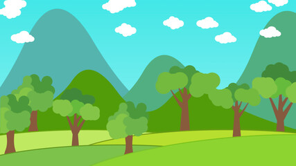 Waving trees in wind cartoon animation. Mountains, clouds and trees background for Nature concepts.