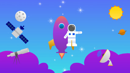 Naklejka premium kid space background with rocket, moon, satellite and clouds.
