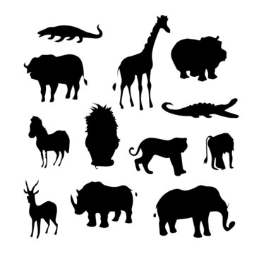 Vector black set of African animals silhouette  seamless pattern of hand drawn wild forest animals silhouette isolated on white background Vector.Vector black set bundle of forest