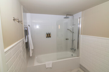 The shower with glass partition. The typical bathroom of a hotel.