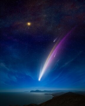 Amazing unreal background: giant colorful comet in starry sky over calm sea and mountains. Comet is icy small Solar System body.