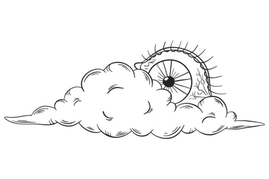 Large eyeball hidden behind a cloud. Wide open eye peering out of the clouds. Contemporary conceptual art. Modern design with sketch style. Surrealism, minimalism, graphics 