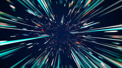 Cosmic hyperspace background. Speed of light, Hyper jump into another galaxy, multicolored glowing neon rays, Warp, Teleport, Hyper Speed Jump Effect Concept. 3D Rendering Illustration. - obrazy, fototapety, plakaty