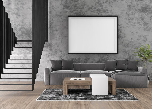 Empty picture frame on concrete wall in modern living room. Mock up interior in contemporary, loft style. Free, copy space for your picture, poster. Sofa, carpet, stairs. 3D rendering.