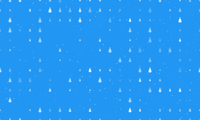 Seamless background pattern of evenly spaced white Christmas trees of different sizes and opacity. Vector illustration on blue background with stars