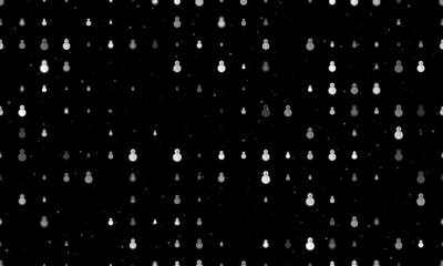 Seamless background pattern of evenly spaced white Christmas snowmans of different sizes and opacity. Vector illustration on black background with stars