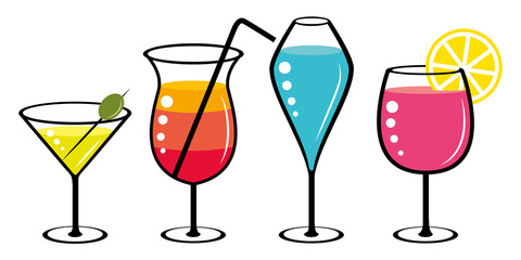 Colorful fresh summer cocktails. Vector illustration.
