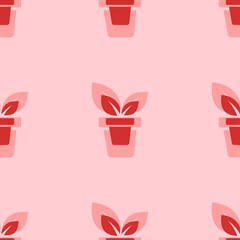 Seamless pattern of large isolated red plant in pot symbols. The elements are evenly spaced. Vector illustration on light red background