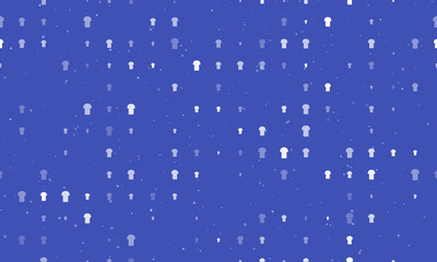 Seamless background pattern of evenly spaced white t-shirt symbols of different sizes and opacity. Vector illustration on indigo background with stars