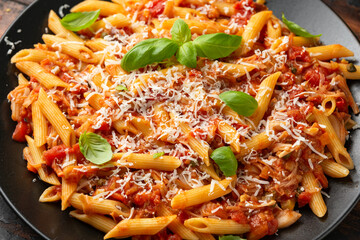 JackFruit pasta with garlic, olives, capers, tomato and cheese. Healthy vegan, diet food