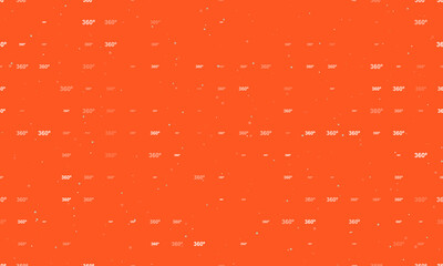 Seamless background pattern of evenly spaced white 360 degree symbols of different sizes and opacity. Vector illustration on deep orange background with stars