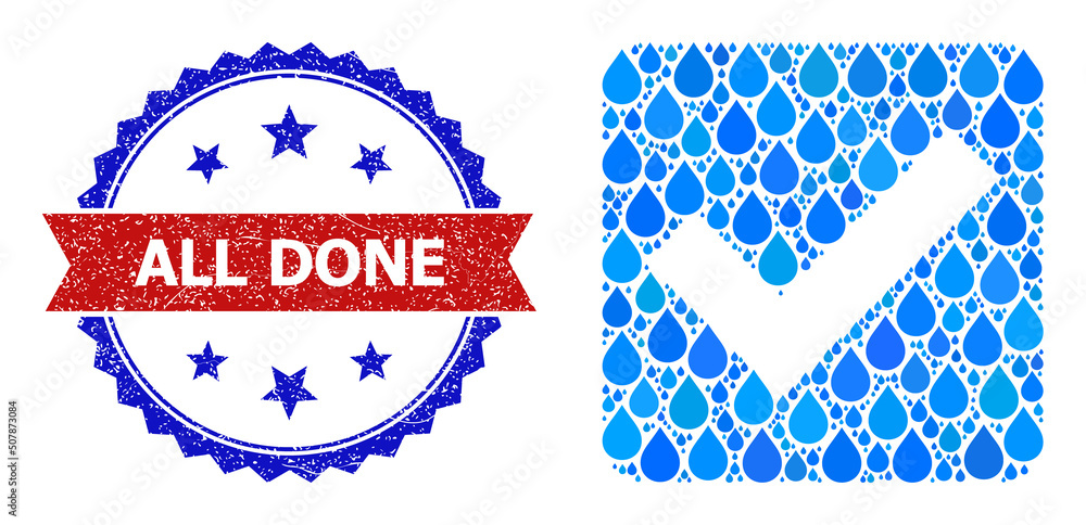 Poster vector mosaic confirm checkbox, and bicolor grunge all done seal stamp. confirm checkbox mosaic for 