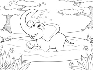 Elephant bathes in the river. African savanna. Wild animal, zoo. Page outline of cartoon. Vector illustration, coloring book for kids.