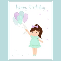 girl with balloons on happy birthday card