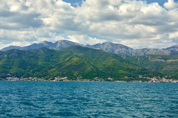 Beautiful aerial panorama view of montenegro coastline with azure sea water.