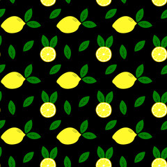 Trendy seamless pattern with lemons on a black background. Stylish fresh design for fabric, wrapping paper, packaging, apparel, textile. Vector illustration