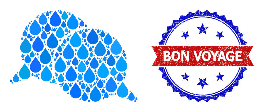 Vector mosaic talking, and bicolor textured Bon Voyage seal. Talking collage for clean beverage advertisement. Talking is designed with blue clean aqua drops.