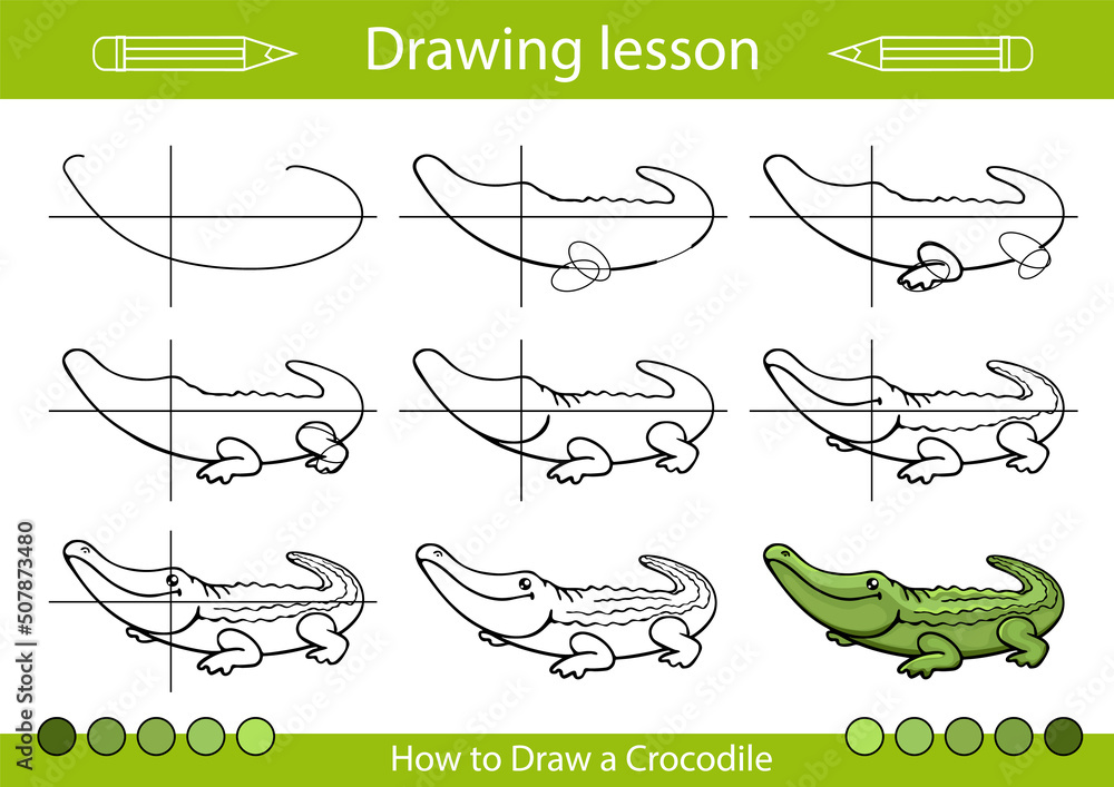 Wall mural drawing tutorial. how to draw a crocodile. educations worksheet and activity page. children step by 