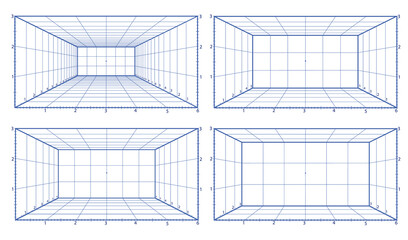 Set line perspective grid. Background for 3d interior room vector illustration. Frontal one-point view dimension wireframe.