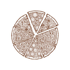 Pizza hand drawn template. Italian food menu design template. Hand drawn pizzeria menu template. Vector illustration. Label for the menu.