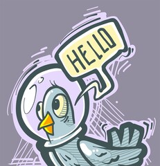 Cartoon funny cute blue pigeon in space helmet with bubble text Hello. Vector isolated on violet background.