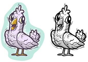 Cartoon funny cute hand drawn pink pigeon. Vector colorful sketch isolated on white background.