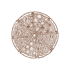 Pizza hand drawn template. Italian food menu design template. Hand drawn pizzeria menu template. Vector illustration. Label for the menu.