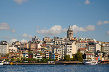 Scenic of the Galata district and Galata Tower on the north side of the Golden Horn in Istanbul, Turkey