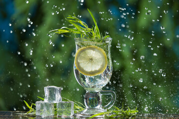 summer refreshing drink with tarragon and lemon, in a glass next to ice cubes, surrounded by water...
