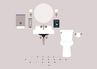 A restaurant restroom interior, a ceramic sink and a toilet bowl, a vintage furniture