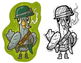 Cartoon funny cute hand drawn army soldier pigeon in helmet with ammo and knife. Vector colorful sketch isolated on white background.