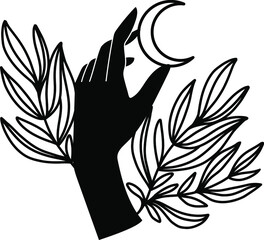 Mystical hands of a witch. Magic poster, Tattu style, Vector, Tarro, moon, celestial art. Hands.