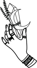 Mystical hands of a witch. Magic poster, Tattu style, Vector, Tarro, moon, celestial art. Hands.
