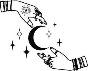 Mystical hands of a witch. Magic poster, Tattu style, Vector, Tarro, moon, celestial art. Hands.
