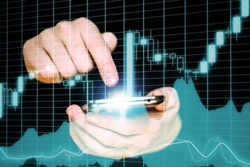 Business, finance and investment, forex trading, currency exchange, economic growth, stock market analysis concept. Man using mobile phone apps
