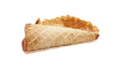 Empty ice cream cone isolated on white background. Blank crispy ice cream cone for different fillings, space for text